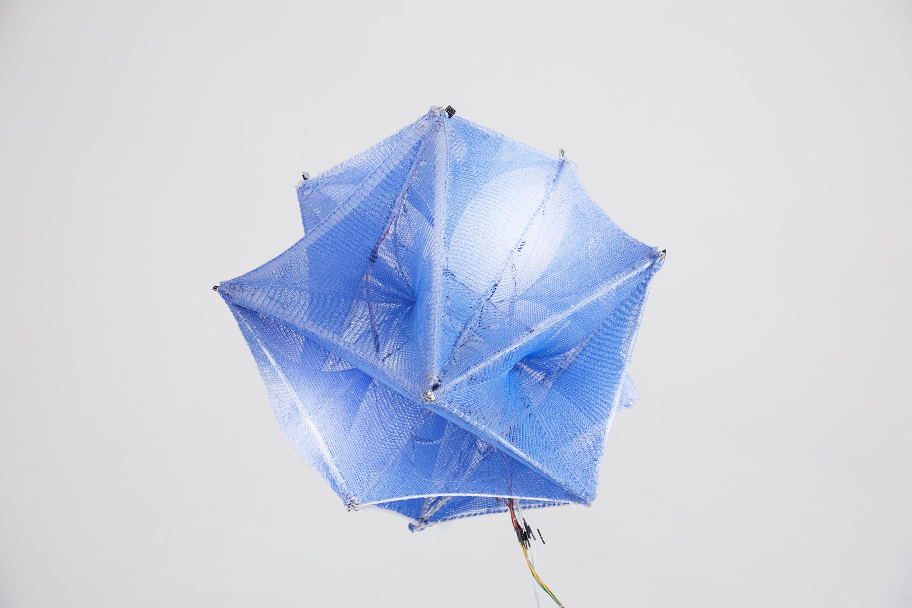 A blue knitted tensegrity structure standing among pine trees